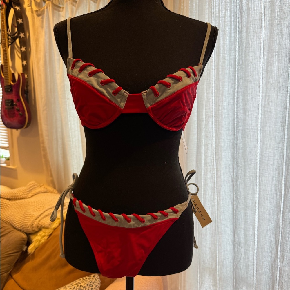 PacSun Red and Gray Lace-Up Bikini Set
